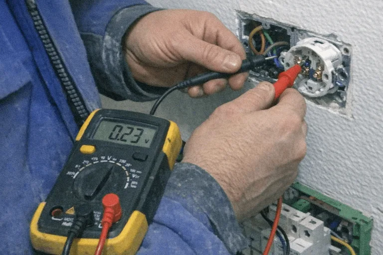 Professionelle Prüfgeräte und Hände eines Fachmanns bei der Arbeit